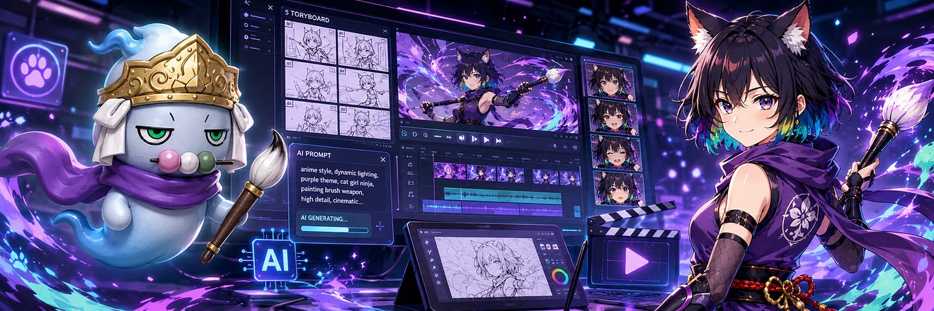 キャラクターたちが夜のスタジオでゲームとアニメをつくっているイメージイラスト
